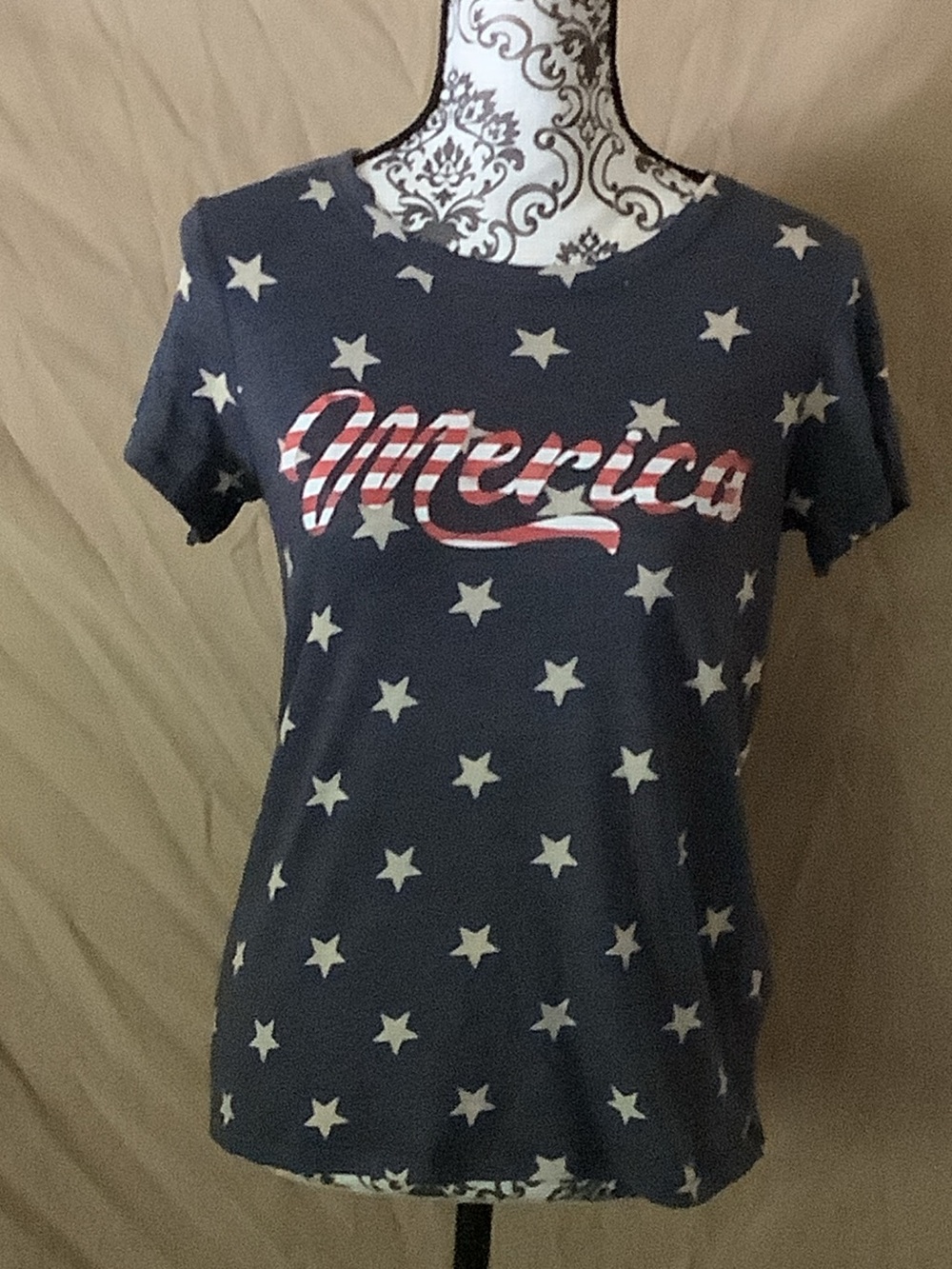 Alternative Apparel Navy Tee with White Stars and Red-Striped "America" Script